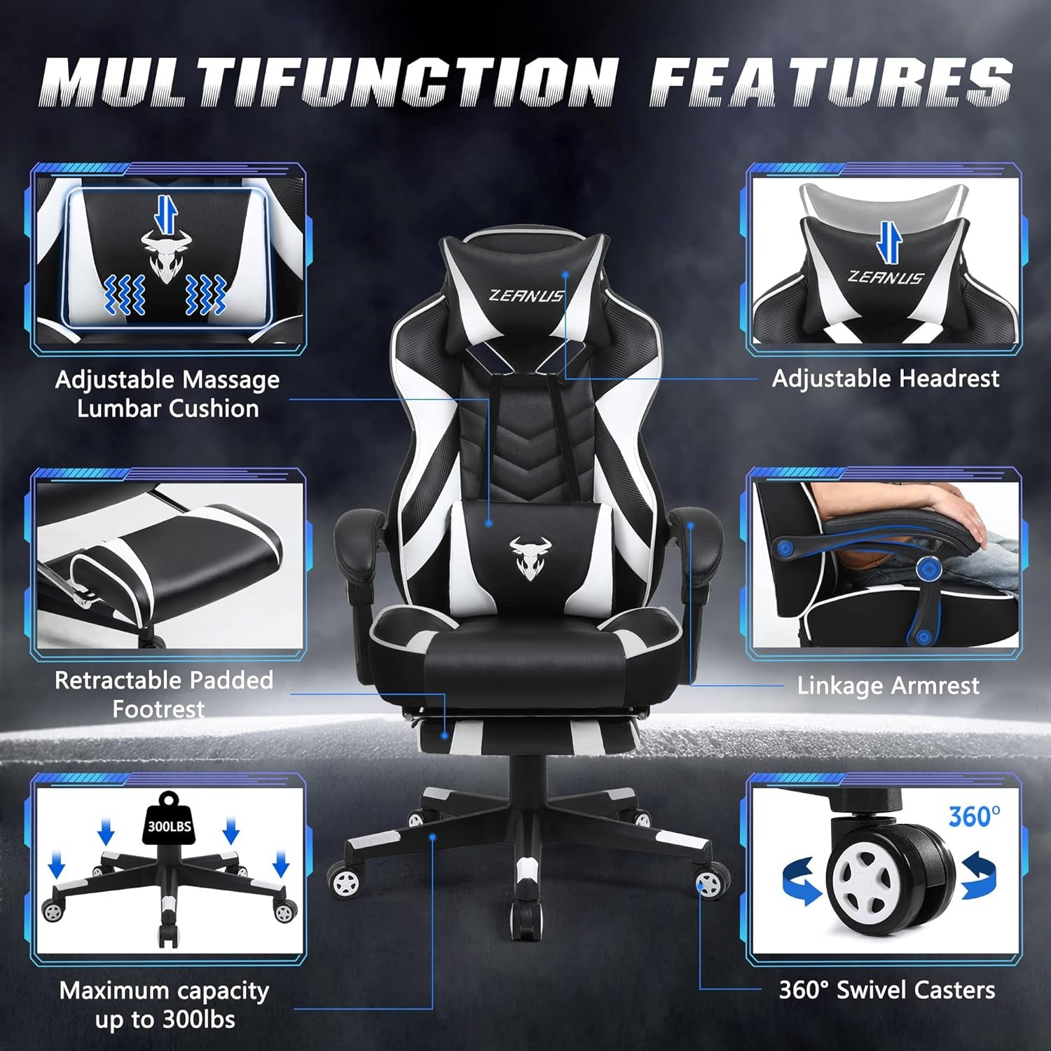 Ergonomic Gaming Chair with Footrest, Massage, and High Back Support